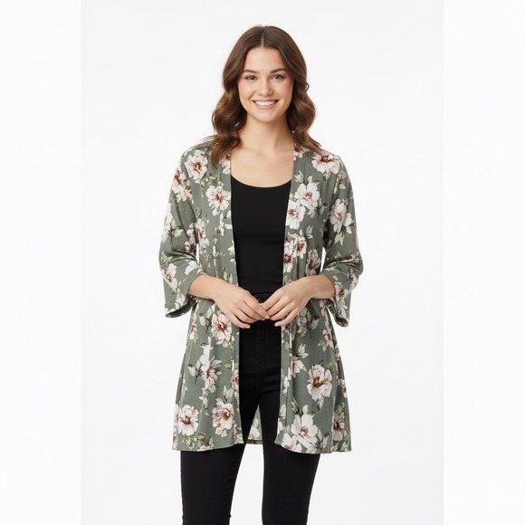 Crescent Stitch Fix Duster Womens 2X Green Floral Open Front 3/4 Sleeve Cardigan - Picture 1 of 11